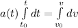 a(t)\int\limits^t_{t_{0}} {dt}=\int\limits^v_{v_{0}} {dv}