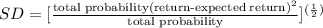 SD=[\frac{\text{total probability(return-expected return)}^2}{\text{total probability}}]^{(\frac{1}{2})}