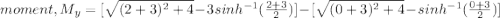 moment ,M_{y}=[\sqrt{(2+3)^{2}+4} -3sinh^{-1} (\frac{2+3}{2} )] - [\sqrt{(0+3)^{2}+4} -sinh^{-1} (\frac{0+3}{2} )]\\