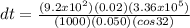 dt=\frac{(9.2x10^{2})(0.02)(3.36x10^{5} ) }{(1000)(0.050)(cos32)}