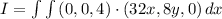 I= \int \int\limits {(0,0,4)\cdot(32x,8y,0)} \, dx