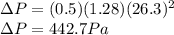\Delta P = (0.5) (1.28) (26.3)^{2}\\\Delta P = 442.7 Pa