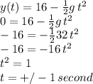 y(t)=16-\frac{1}{2} g\,t^2\\0=16-\frac{1}{2} g\,t^2\\-16=-\frac{1}{2} 32\,t^2\\-16=-16\,t^2\\t^2=1\\t=+/- 1 \,second