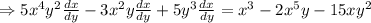 \Rightarrow 5x^4y^2\frac{dx}{dy}-3x^2y\frac{dx}{dy} +5y^3\frac{dx}{dy}=x^3-2x^5y-15xy^2