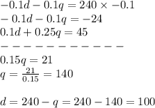 -0.1d-0.1q=240\times -0.1\\-0.1d-0.1q=-24\\0.1d+0.25q=45\\-----------\\0.15q=21\\q=\frac{21}{0.15}=140\\\\d=240-q=240-140=100