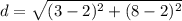 d = \sqrt{(3 - 2)^2 + (8 - 2)^2}
