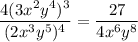 \dfrac{4(3x^2y^4)^3}{(2x^3y^5)^4}=\dfrac{27}{4x^6y^8}