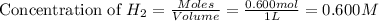 \text{Concentration of }H_2=\frac{Moles}{Volume}=\frac{0.600mol}{1L}=0.600M