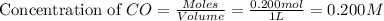 \text{Concentration of }CO=\frac{Moles}{Volume}=\frac{0.200mol}{1L}=0.200M