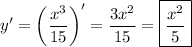 y'=\left(\dfrac{x^3}{15}\right)'=\dfrac{3x^2}{15}=\boxed{\dfrac{x^2}{5}}