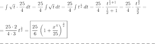 =\int\sqrt{t}\cdot\dfrac{25}{4}\,dt=\dfrac{25}{4}\int\sqrt{t}\,dt=\dfrac{25}{4}\int t^\frac{1}{2}\,dt=\dfrac{25}{4}\cdot\dfrac{t^{\frac{1}{2}+1}}{\frac{1}{2}+1}= \dfrac{25}{4}\cdot\dfrac{t^{\frac{3}{2}}}{\frac{3}{2}}=\\\\\\=\dfrac{25\cdot2}{4\cdot3}\,t^\frac{3}{2}=\boxed{\dfrac{25}{6}\,\left(1+\dfrac{x^4}{25}\right)^\frac{3}{2}}\\\\-------------------------------\\\\