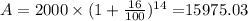 A=2000\times (1+\frac{16}{100})^{14}=$15975.03