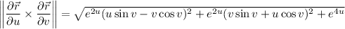 \left\|\dfrac{\partial\vec r}{\partial u}\times\dfrac{\partial\vec r}{\partial v}\right\|=\sqrt{e^{2u}(u\sin v-v\cos v)^2+e^{2u}(v\sin v+u\cos v)^2+e^{4u}}