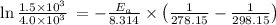 \ln \frac{1.5\times 10^3}{4.0\times 10^3}\:=-\frac{E_{a}}{8.314}\times \left(\frac{1}{278.15}-\frac{1}{298.15}\right)