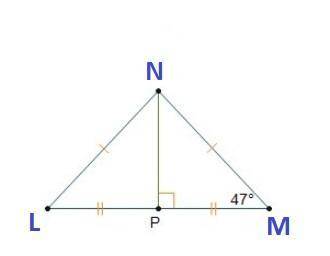 Angle m has a measure of 47°. triangle l m n is cut by perpendicular bisector n p. the lengths of si