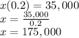 x(0.2)=35,000\\x=\frac{35,000}{0.2} \\x=175,000