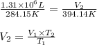 \frac{1.31\times 10^6 L}{284.15 K}=\frac{V_2}{394.14 K}\\\\V_2=\frac{V_1\times T_2}{T_1}