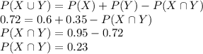 P(X\cup Y)=P(X)+P(Y)-P(X\cap Y)\\0.72=0.6+0.35-P(X\cap Y)\\P(X\cap Y)=0.95-0.72\\P(X\cap Y)=0.23