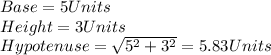 Base= 5Units\\Height=3Units\\Hypotenuse=\sqrt{5^{2}+3^{2}}=5.83Units