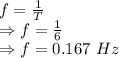 f=\frac{1}{T}\\\Rightarrow f=\frac{1}{6}\\\Rightarrow f=0.167\ Hz
