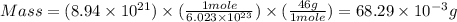 Mass=(8.94\times 10^{21})\times (\frac{1mole}{6.023\times 10^{23}})\times(\frac{46g}{1mole})=68.29\times 10^{-3}g