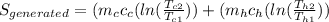 S_{generated} = (m_{c} c_{c} (ln(\frac{T_{c2}}{T_{c1}})) + (m_{h} c_{h} (ln(\frac{T_{h2}}{T_{h1}}))