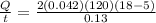 \frac{Q}{t} = \frac{2(0.042)(120)(18-5)}{0.13}