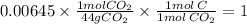 0.00645\times \frac{1molCO_{2}}{44gCO_{2}}\times \frac{1mol\,C}{1mol\,CO_{2}}= 1