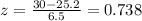 z=\frac{30-25.2}{6.5}=0.738