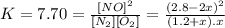 K=7.70=\frac{[NO]^{2}}{[N_{2}][O_{2}]} =\frac{(2.8-2x)^{2} }{(1.2+x).x}