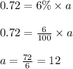 0.72 = 6 \% \times a\\\\0.72 = \frac{6}{100} \times a\\\\a = \frac{72}{6} = 12