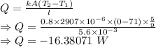 Q=\frac{kA(T_2-T_1)}{l}\\\Rightarrow Q=\frac{0.8\times 2907\times 10^{-6}\times (0-71)\times \frac{5}{9}}{5.6\times 10^{-3}}\\\Rightarrow Q=-16.38071\ W