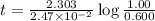 t=\frac{2.303}{2.47\times 10^{-2}}\log\frac{1.00}{0.600}