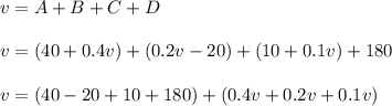 v=A+B+C+D\\\\v=(40+0.4v)+(0.2v-20)+(10+0.1v)+180\\\\v=(40-20+10+180)+(0.4v+0.2v+0.1v)