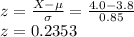 z=\frac{X-\mu}{\sigma} =\frac{4.0-3.8}{0.85}\\z= 0.2353