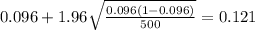 0.096 + 1.96 \sqrt{\frac{0.096(1-0.096)}{500}}=0.121