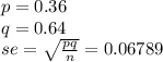 p =0.36\\q = 0.64\\se = \sqrt{\frac{pq}{n} } =0.06789