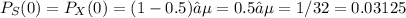 P_S(0) = P_X(0) = (1-0.5)⁵ = 0.5⁵ = 1/32 = 0.03125