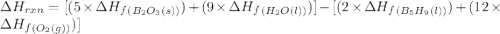 \Delta H_{rxn}=[(5\times \Delta H_f_{(B_2O_3(s))})+(9\times \Delta H_f_{(H_2O(l))})]-[(2\times \Delta H_f_{(B_5H_9(l))})+(12\times \Delta H_f_{(O_2(g))})]