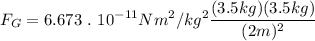 \displaystyle F_G=6.673\ .\ 10^{-11} N m^2/kg^2\frac{(3.5kg)(3.5kg)}{(2m)^2}