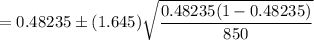 =0.48235\pm (1.645)\sqrt{\dfrac{0.48235(1-0.48235)}{850}}