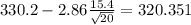 330.2-2.86\frac{15.4}{\sqrt{20}}=320.351