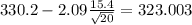 330.2-2.09\frac{15.4}{\sqrt{20}}=323.003