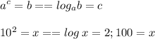 \displaystyle a^c = b == log_ab = c \\ \\ 10^2 = x == log\:x = 2; 100 = x