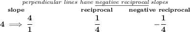 \bf \stackrel{\textit{perpendicular lines have \underline{negative reciprocal} slopes}} {\stackrel{slope}{4\implies \cfrac{4}{1}}\qquad \qquad \qquad \stackrel{reciprocal}{\cfrac{1}{4}}\qquad \stackrel{negative~reciprocal}{-\cfrac{1}{4}}}
