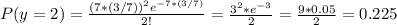 P(y=2)=\frac{(7*(3/7))^2e^{-7*(3/7)}} {2!}=\frac{3^2*e^{-3}}{2}=\frac{9*0.05}{2}=0.225