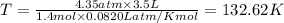T=\frac{4.35 atm\times 3.5 L}{1.4mol\times 0.0820 L atm/K mol}=132.62 K