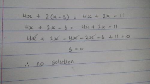 An equation is shown below:  4x + 2(x – 3) = 4x + 2x – 11 part a:  solve the equation and write the