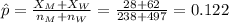 \hat p=\frac{X_{M}+X_{W}}{n_{M}+n_{W}}=\frac{28+62}{238+497}=0.122