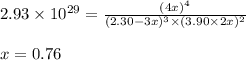 2.93\times 10^{29}=\frac{(4x)^4}{(2.30-3x)^3\times (3.90\times 2x)^2}\\\\x=0.76